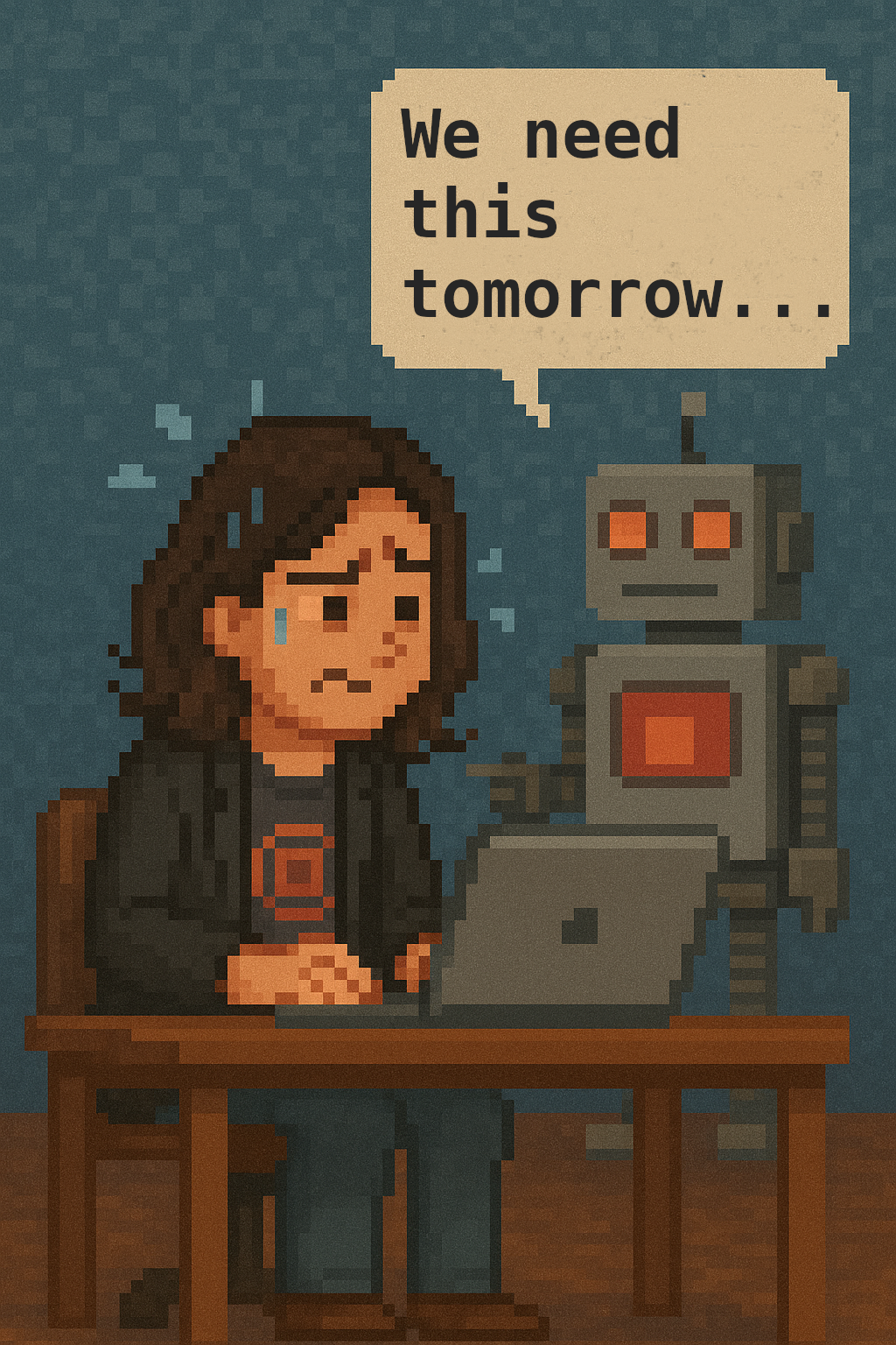 A pixellated cartoon representation of the speaker sitting at a computer and looking stressed. In the background, a robot is saying 'we need this tomorrow'.