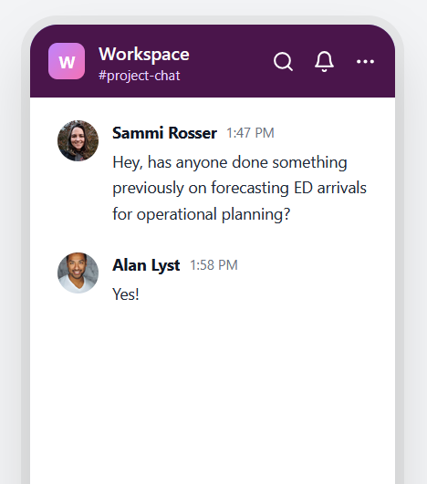 A mockup of a Slack chat. A man named Alan Lyst has replied 'Yes!'
