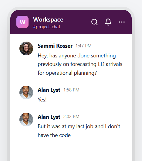 A mockup of a Slack chat. A man named Alan Lyst has replied 'Yes!'. He has then added 'But it was at my last job and I don't have the code'.