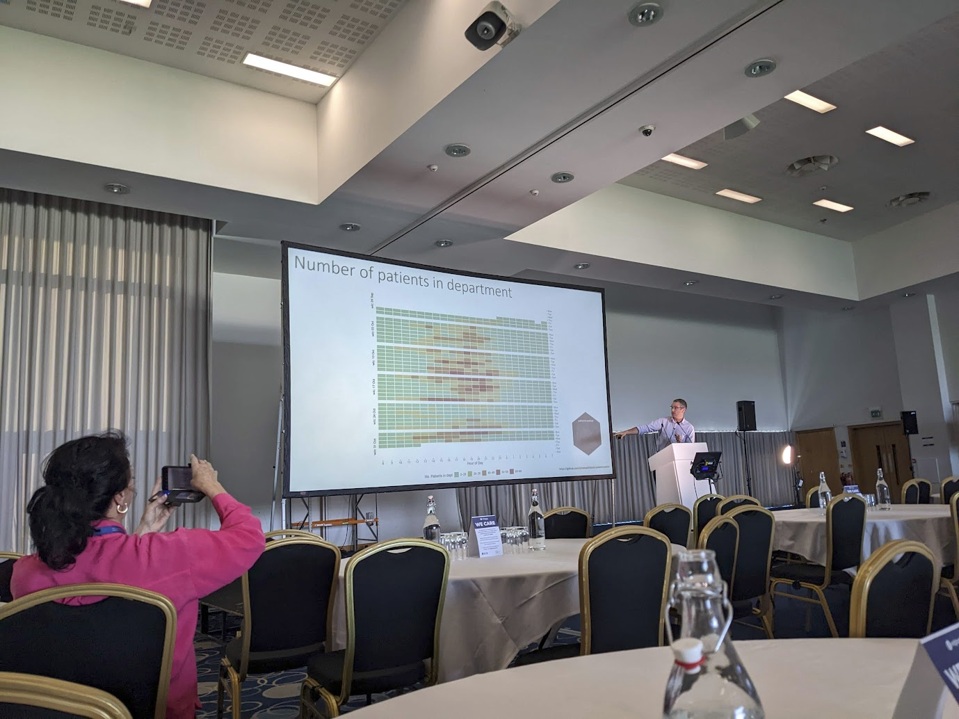 A photo of a previous NHS R conference. There is a heatmap of the number of patients in a department shown on a large screen.