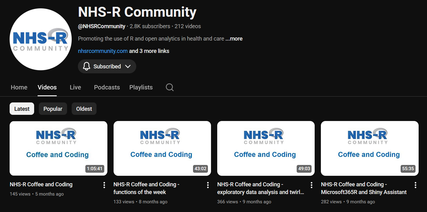 A screenshot of the NHS-R youtube channel, showing 4 coffee and coding videos.
