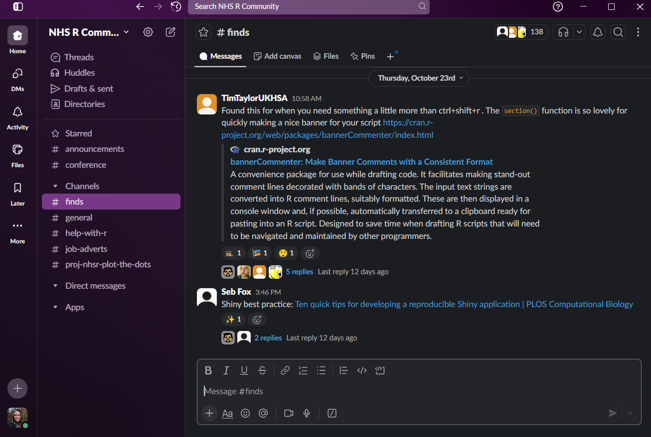 A screenshot of the NHS-R Slack, showing the finds channel