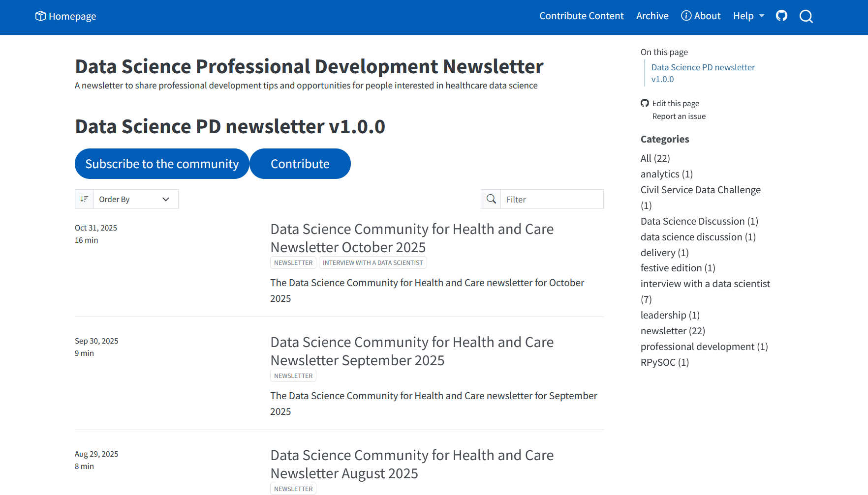 A screenshot of the monthly data science professinal development newsletter from the NHS England Data Science Team
