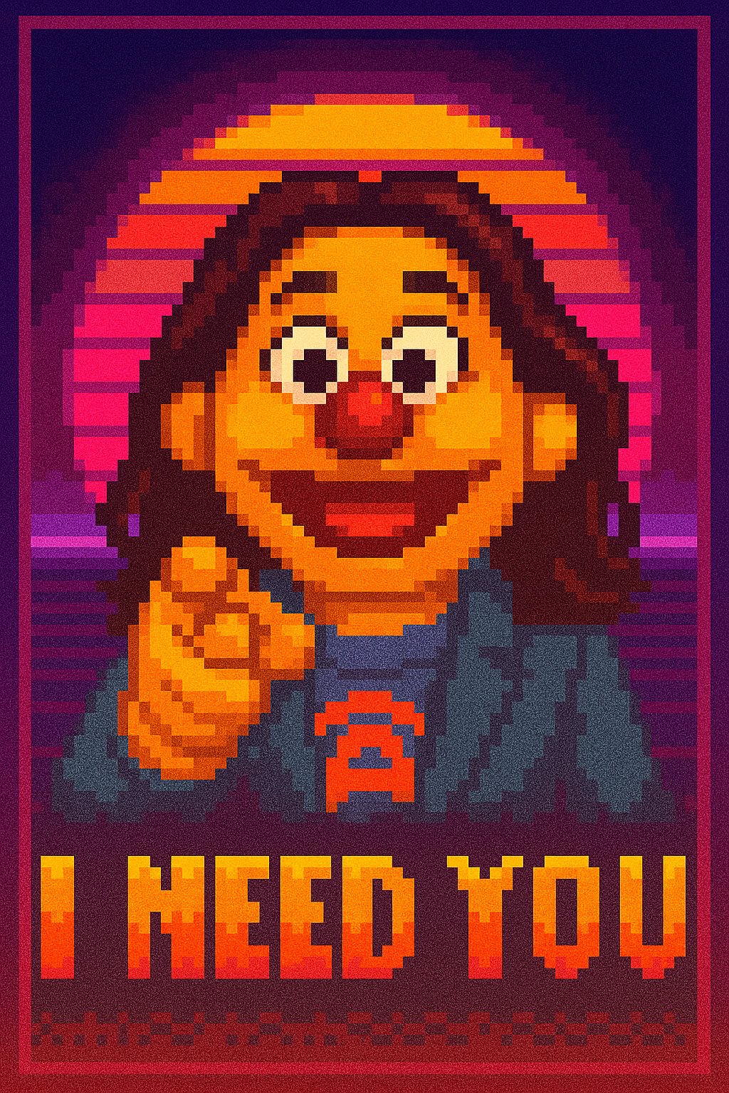 A poster of the speaker represented as a puppet character like the muppets. She is pointing at the viewer with the words 'I need you' below it.