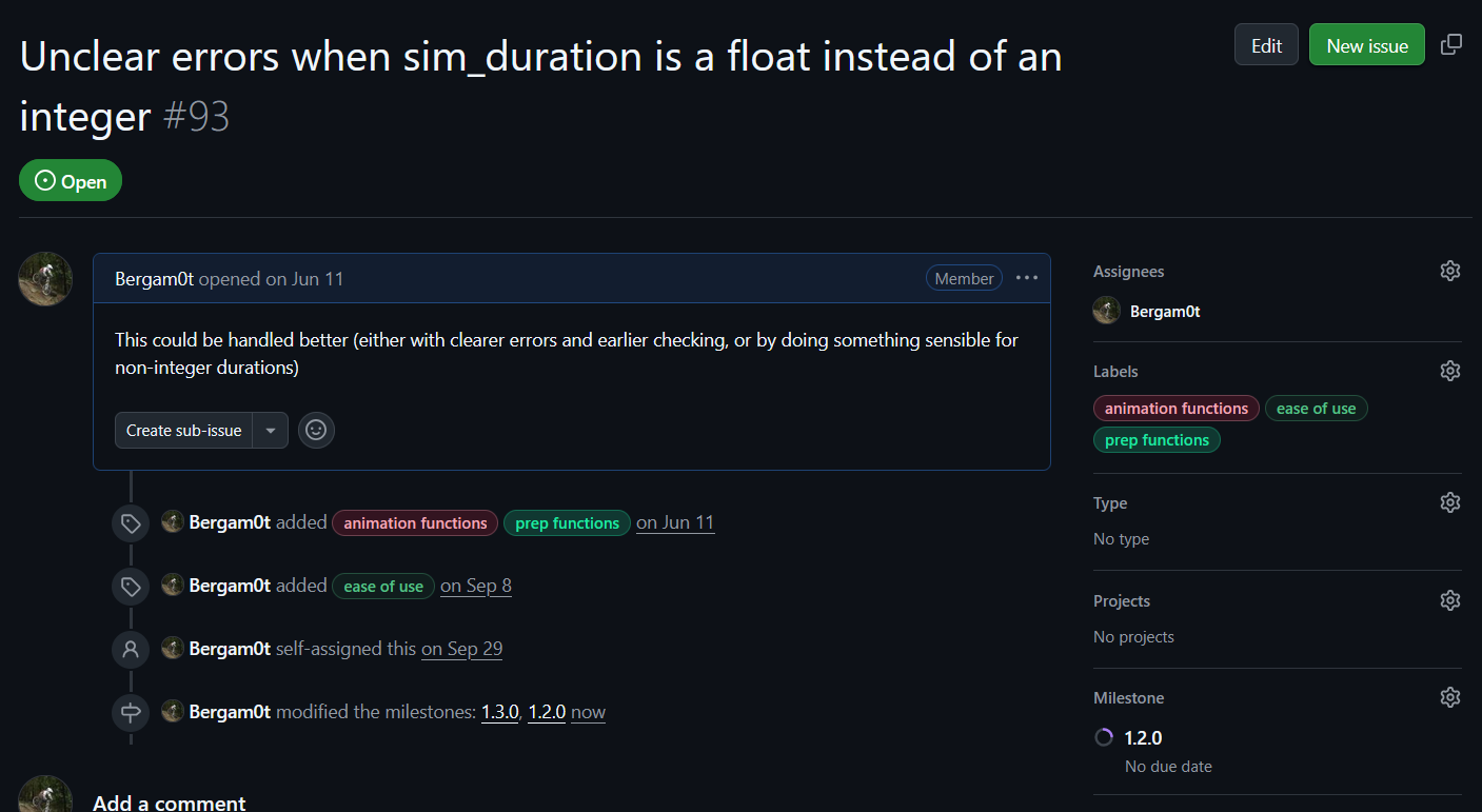 An image of a github issue. Text explains a limitation of the code. Colourful tags categorise it as relating to the anmation functions, ease of use, and prep functions. It is assigned to the milestone 1.2.0.