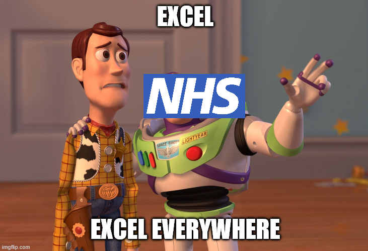 A meme of Buzz Lightyear and Woody from toy story. Woody looks worried. Buzz - with his head replaced by the NHS logo - is saying 'Excel. Excel everywhere.'