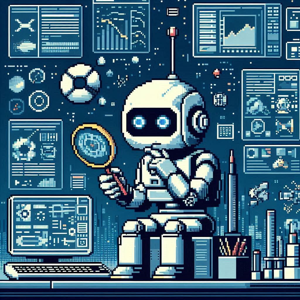 Image of a white robot surrounded by dashboards, holding a magnifying glass and thinking